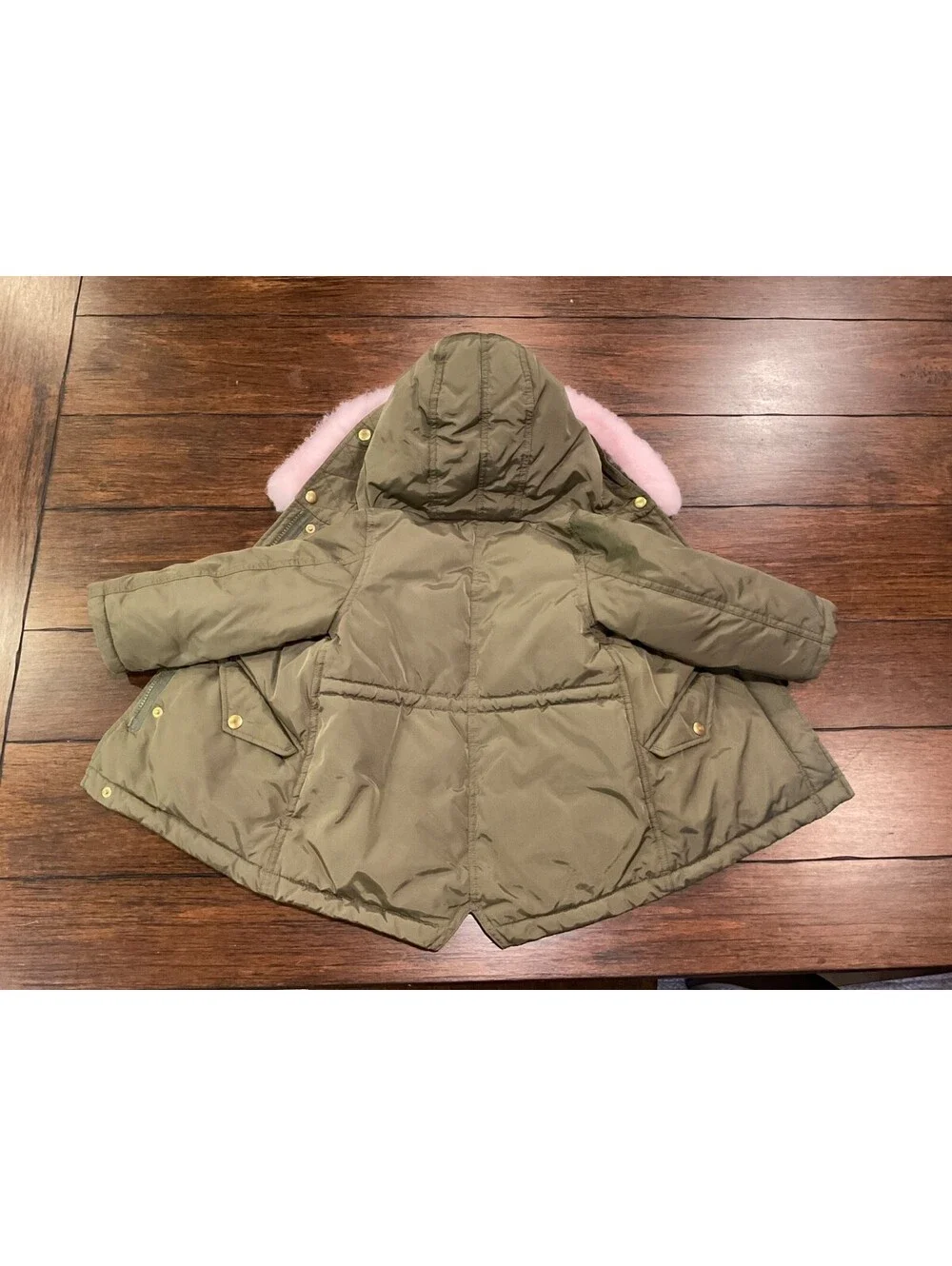 J. Crew Crewcuts Girls Fishtail Parka Olive Green Pink Faux-Fur Trim Sz3